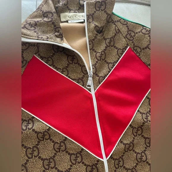 Gucci Brown GG Logo Jacket with Red and Green Stripes